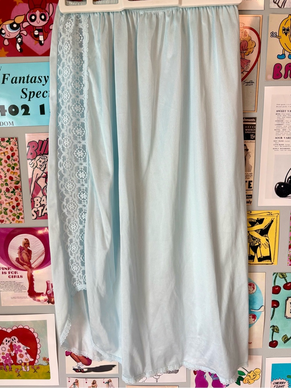 Vintage Pale Baby Blue Lace Half Slip Skirt Lace Trim Lingerie Midi Skirt